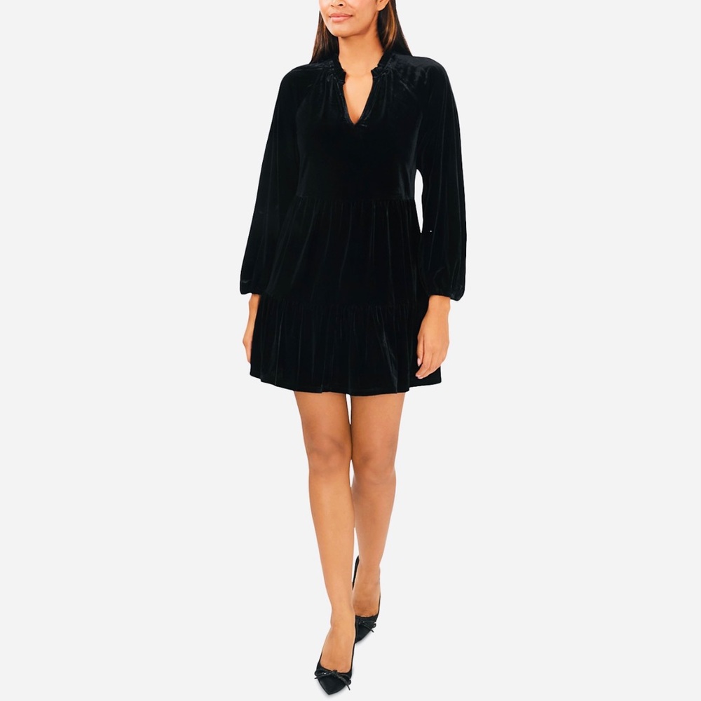 CeCe Black Dress Long Sleeve Velvet Split V-Neck Tiered Babydoll Dress. Large